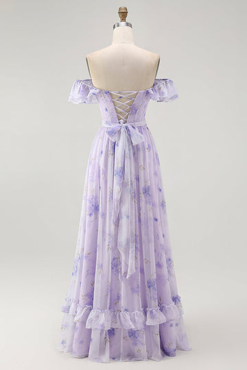 Lavender Floral Ruffled Off The Shoulder A Line Bridesmaid Dress